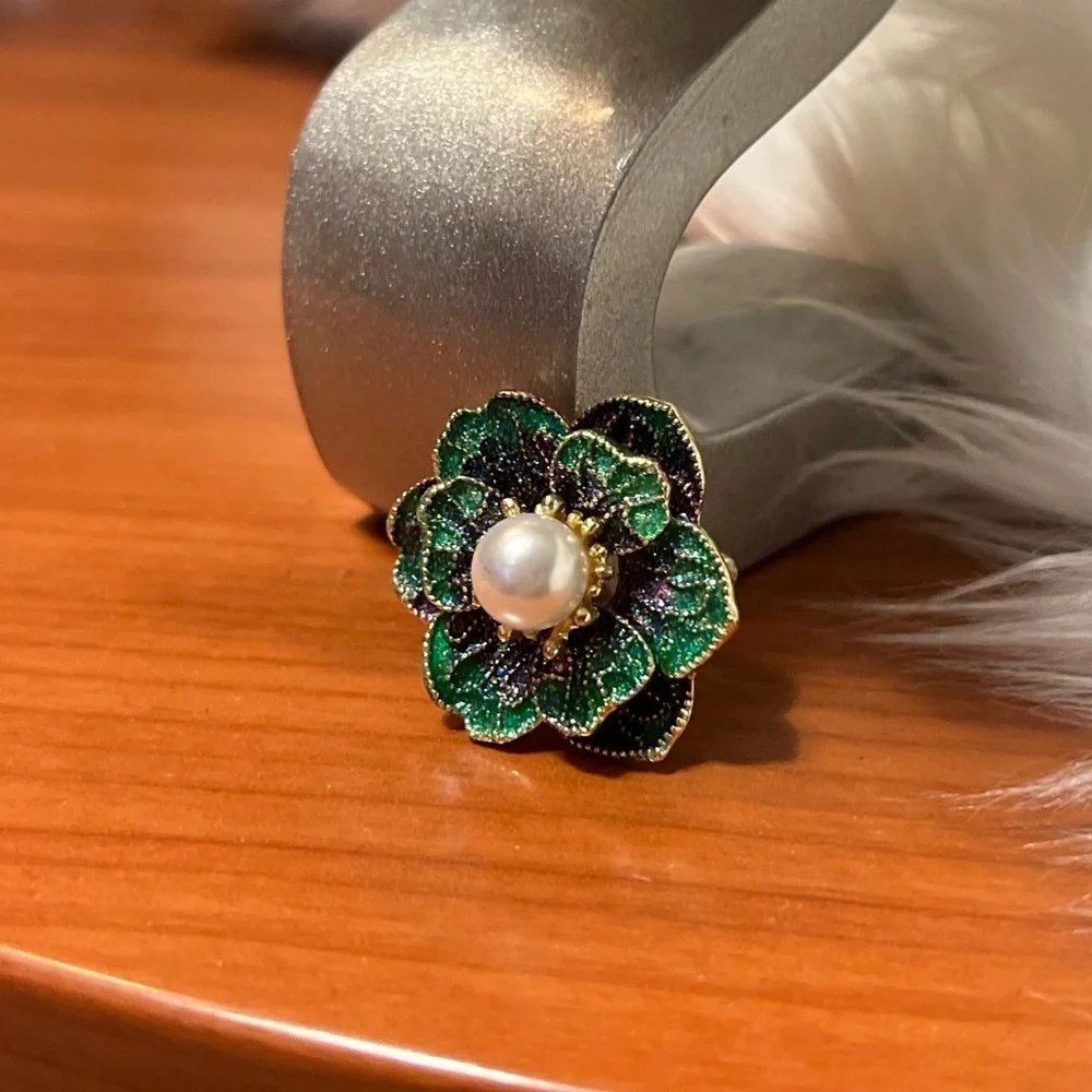 Purple, Green, Gold Brooch with Pearl in Center